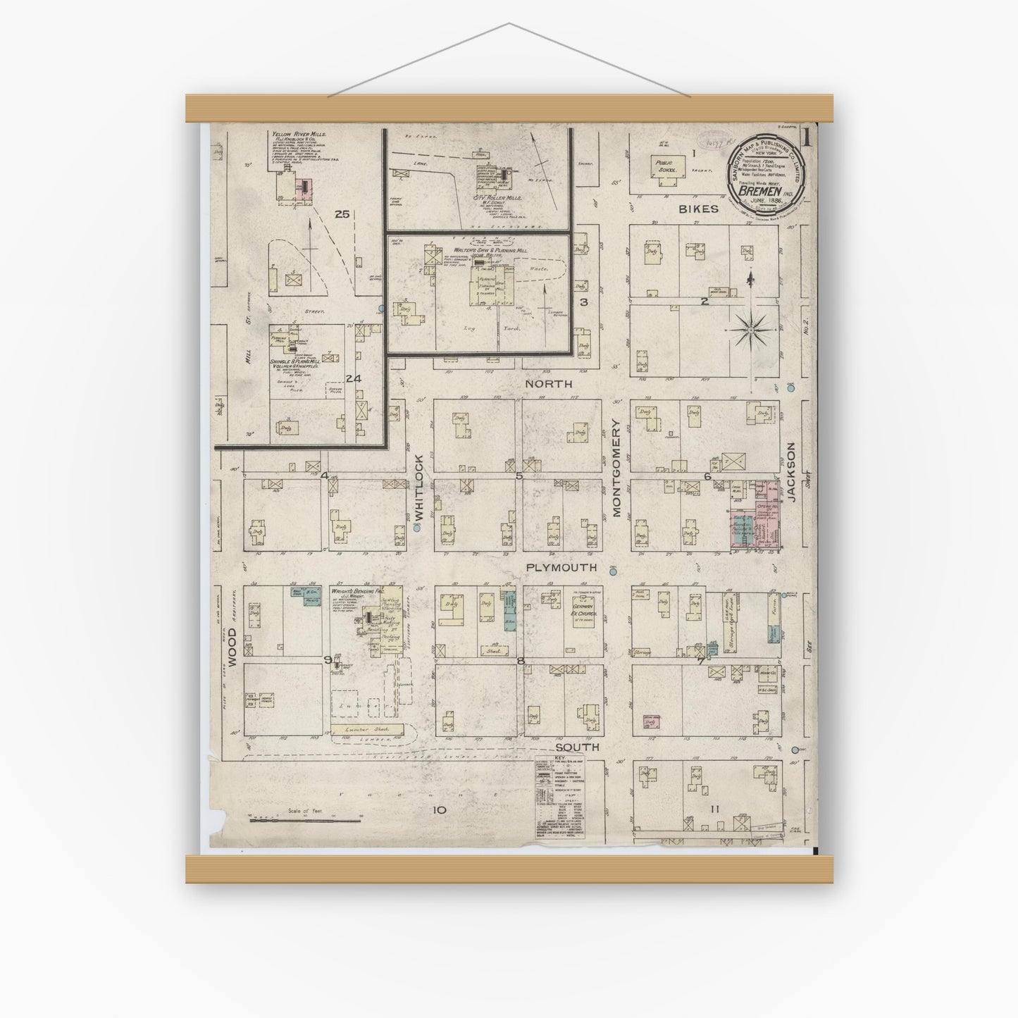 Old map wall art mockup — magnetic wood frame on white wall — Sanborn Fire Insurance Map from Bremen, Marshall County, Indiana (1886) - Complete Map Set