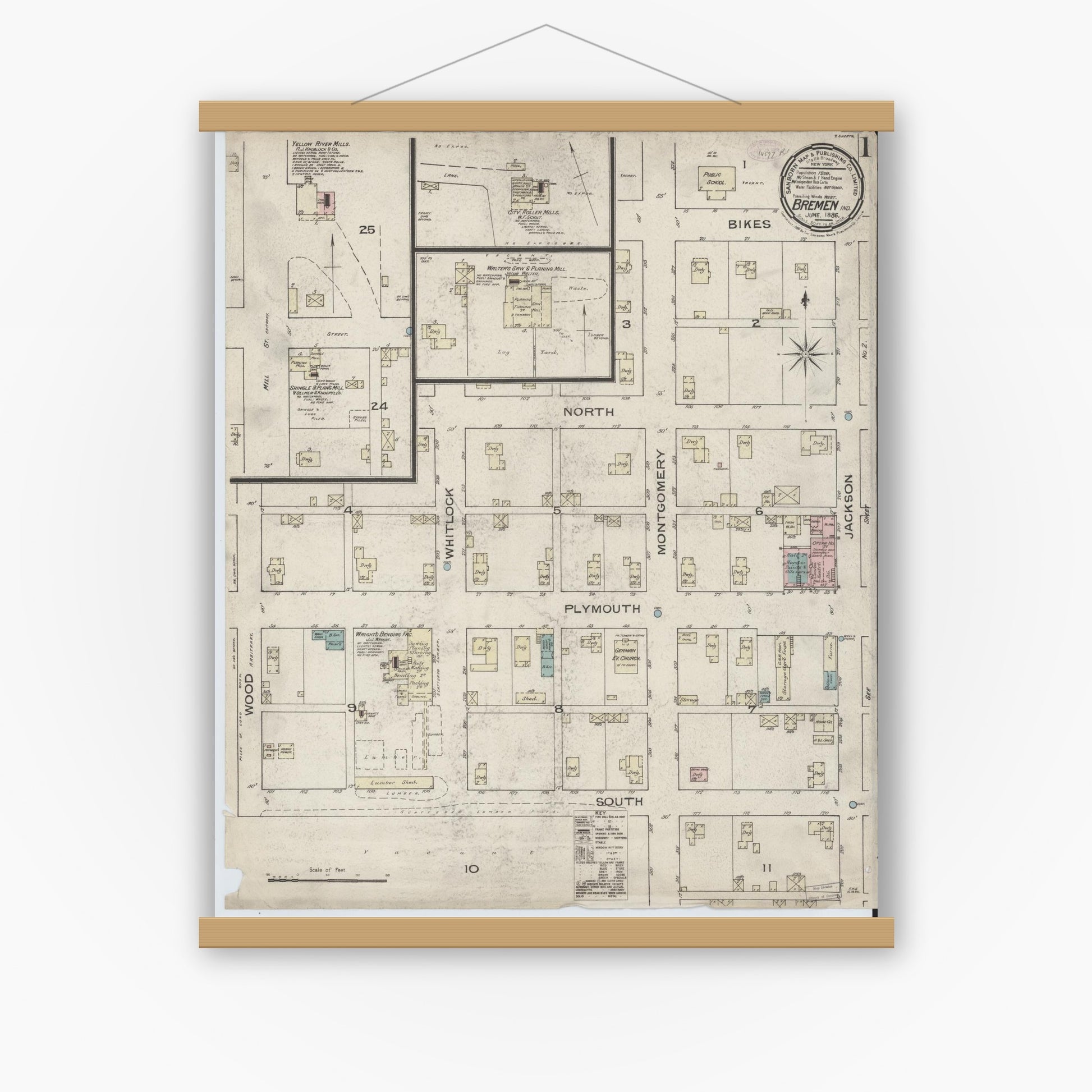 Old map wall art mockup — magnetic wood frame on white wall — Sanborn Fire Insurance Map from Bremen, Marshall County, Indiana (1886) - Complete Map Set