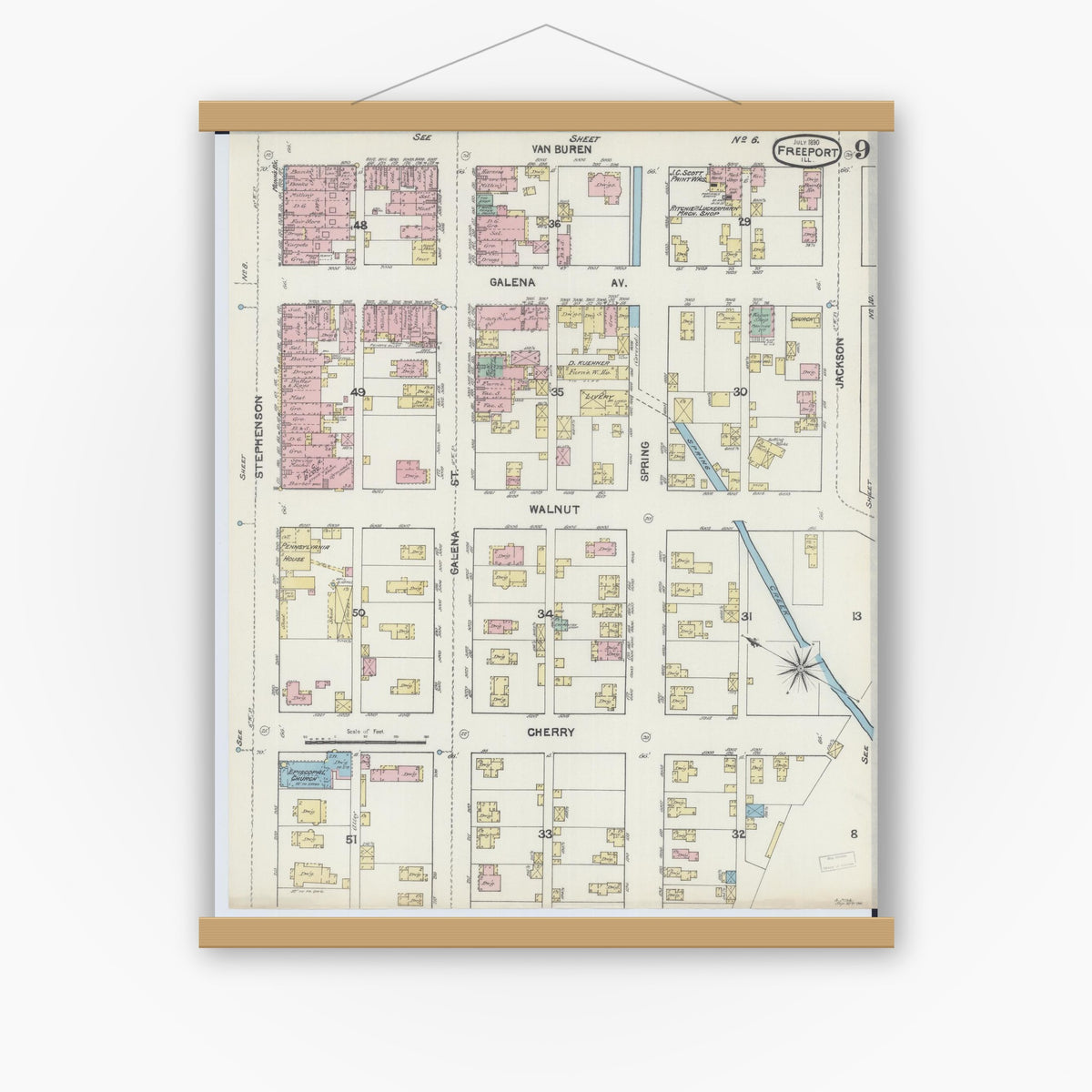 Old map wall art mockup — magnetic wood frame on white wall — Sanborn Fire Insurance Map from Freeport, Stephenson County, Illinois (1890), Sheet #0009