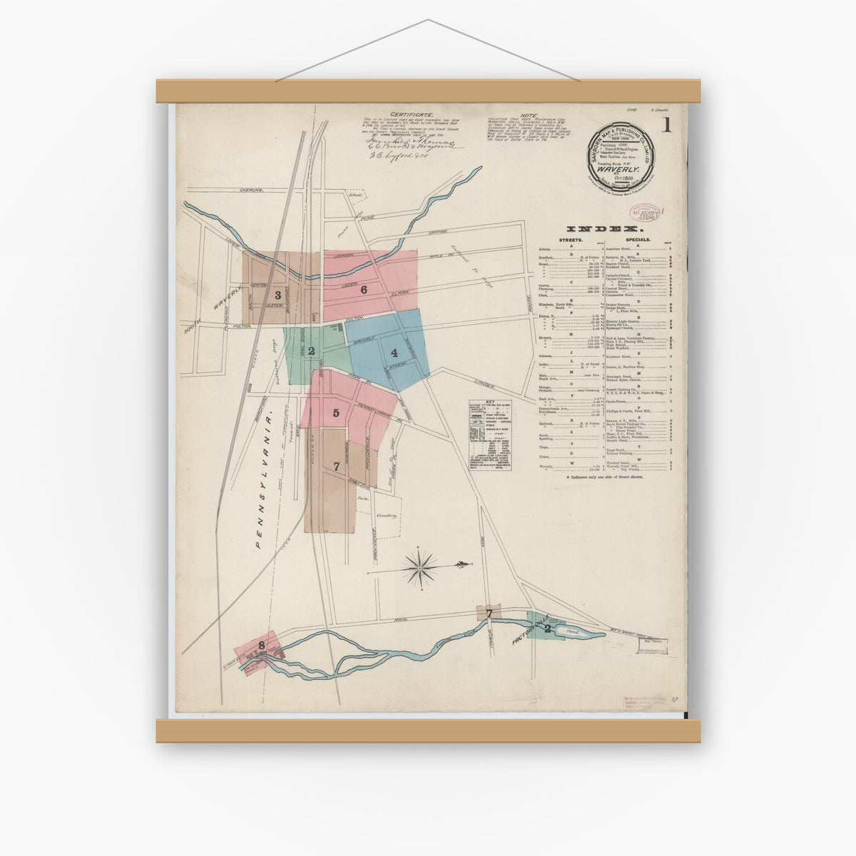Old map wall art mockup — magnetic wood frame on white wall — Sanborn Fire Insurance Map from Waverly, Tioga County, New York (1888) - Complete Map Set