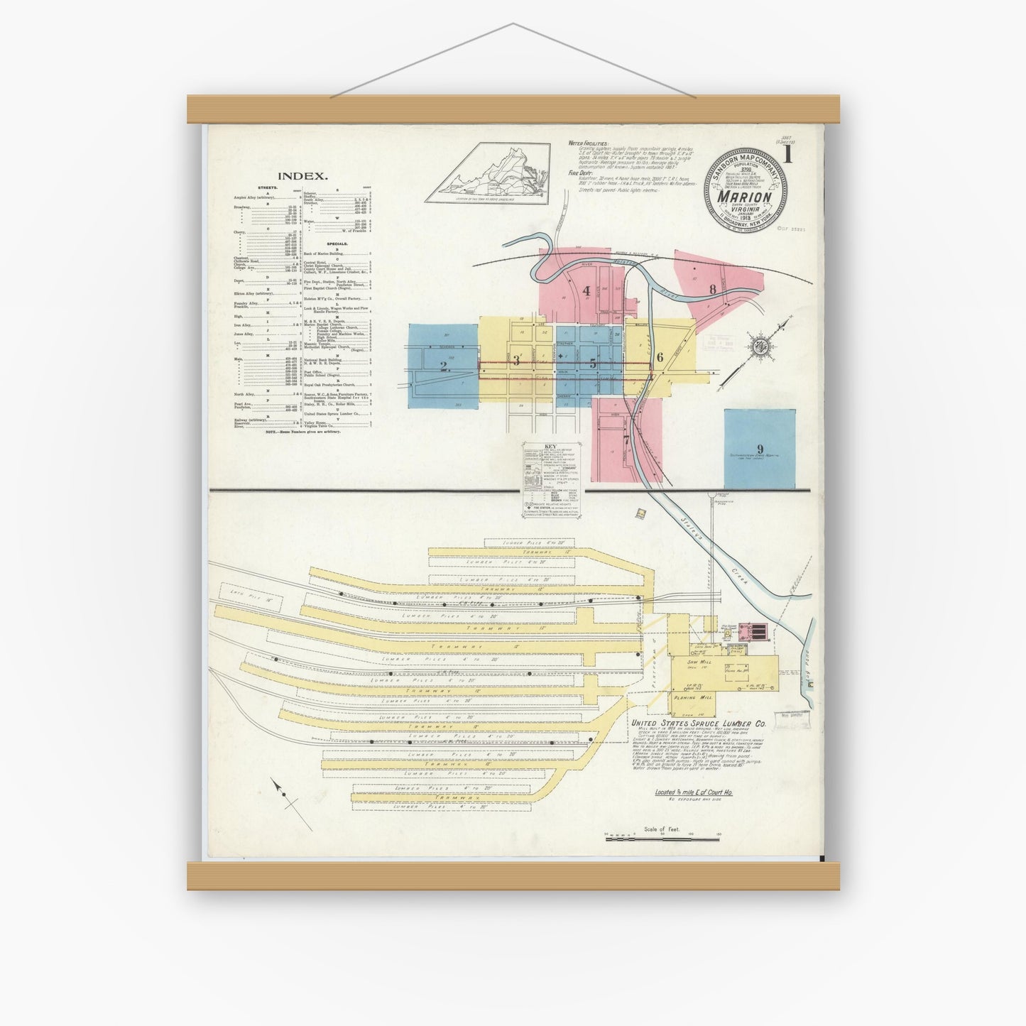 Old map wall art mockup — magnetic wood frame on white wall — Sanborn Fire Insurance Map from Marion, Smyth County, Virginia (1913) - Complete Map Set