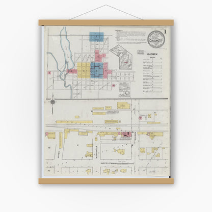 Old map wall art mockup — magnetic wood frame on white wall — Sanborn Fire Insurance Map from Carson City, Montcalm County, Michigan (1918), Sheet #0001