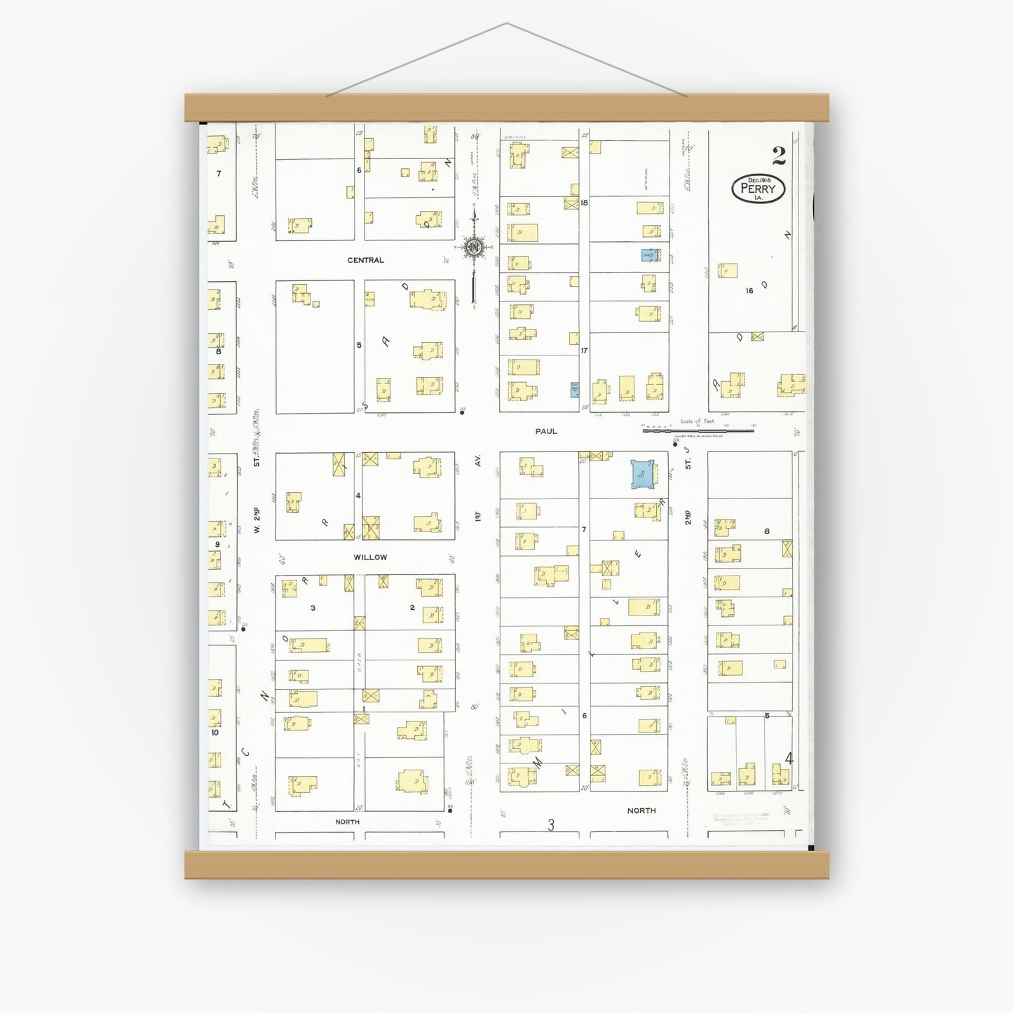 Old map wall art mockup — magnetic wood frame on white wall — Sanborn Fire Insurance Map from Perry, Dallas County, Iowa (1918), Sheet #0002