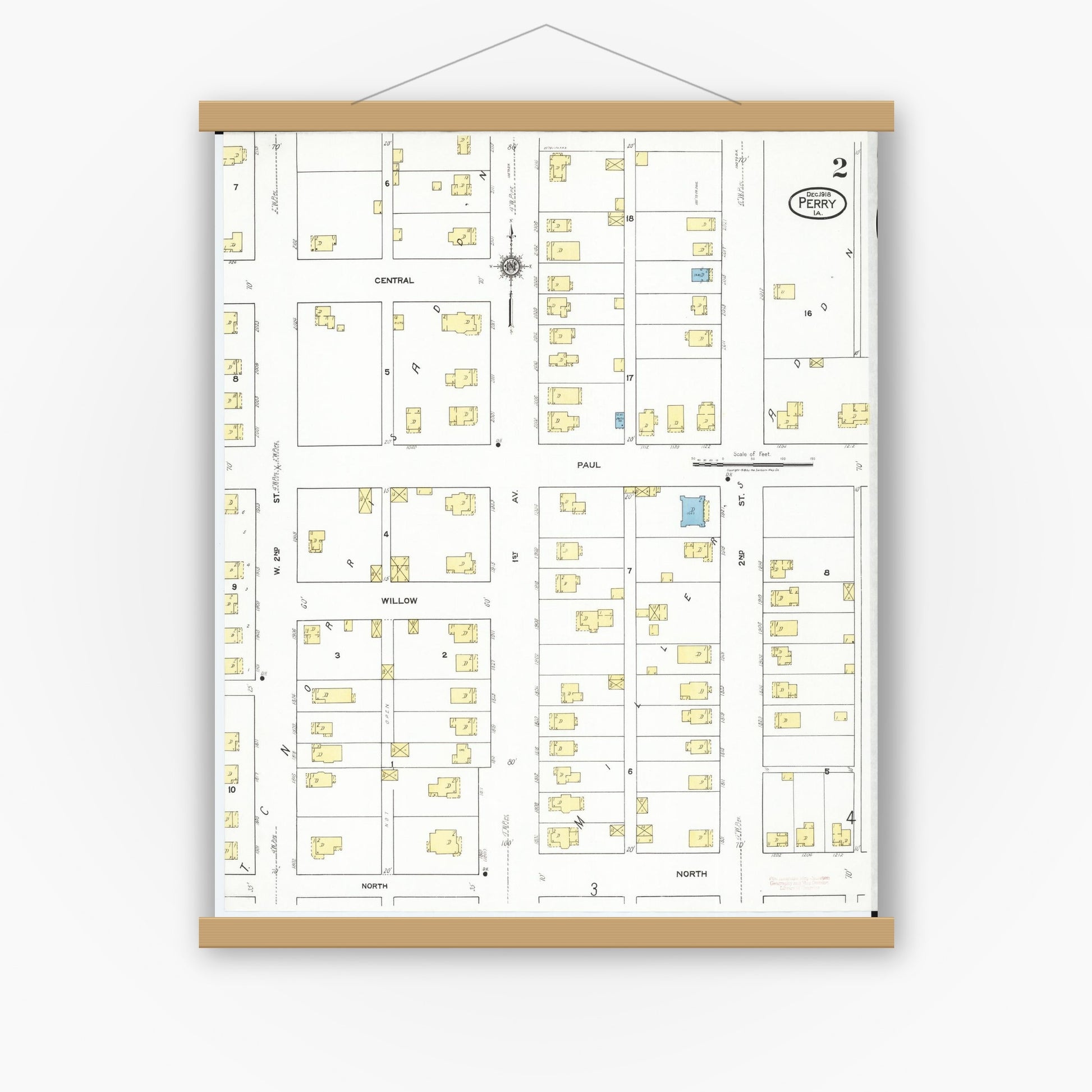 Old map wall art mockup — magnetic wood frame on white wall — Sanborn Fire Insurance Map from Perry, Dallas County, Iowa (1918), Sheet #0002