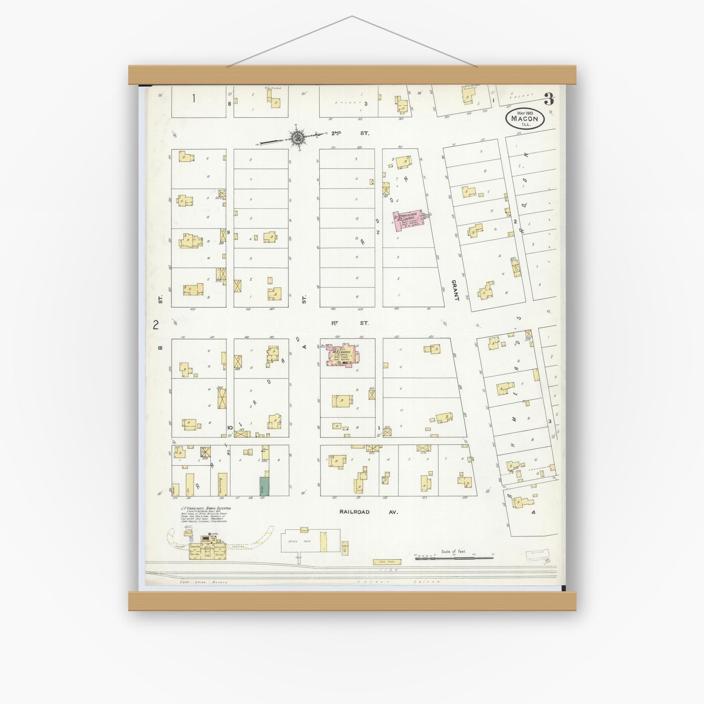 Old map wall art mockup — magnetic wood frame on white wall — Sanborn Fire Insurance Map from Macon, Macon County, Illinois (1910), Sheet #0003