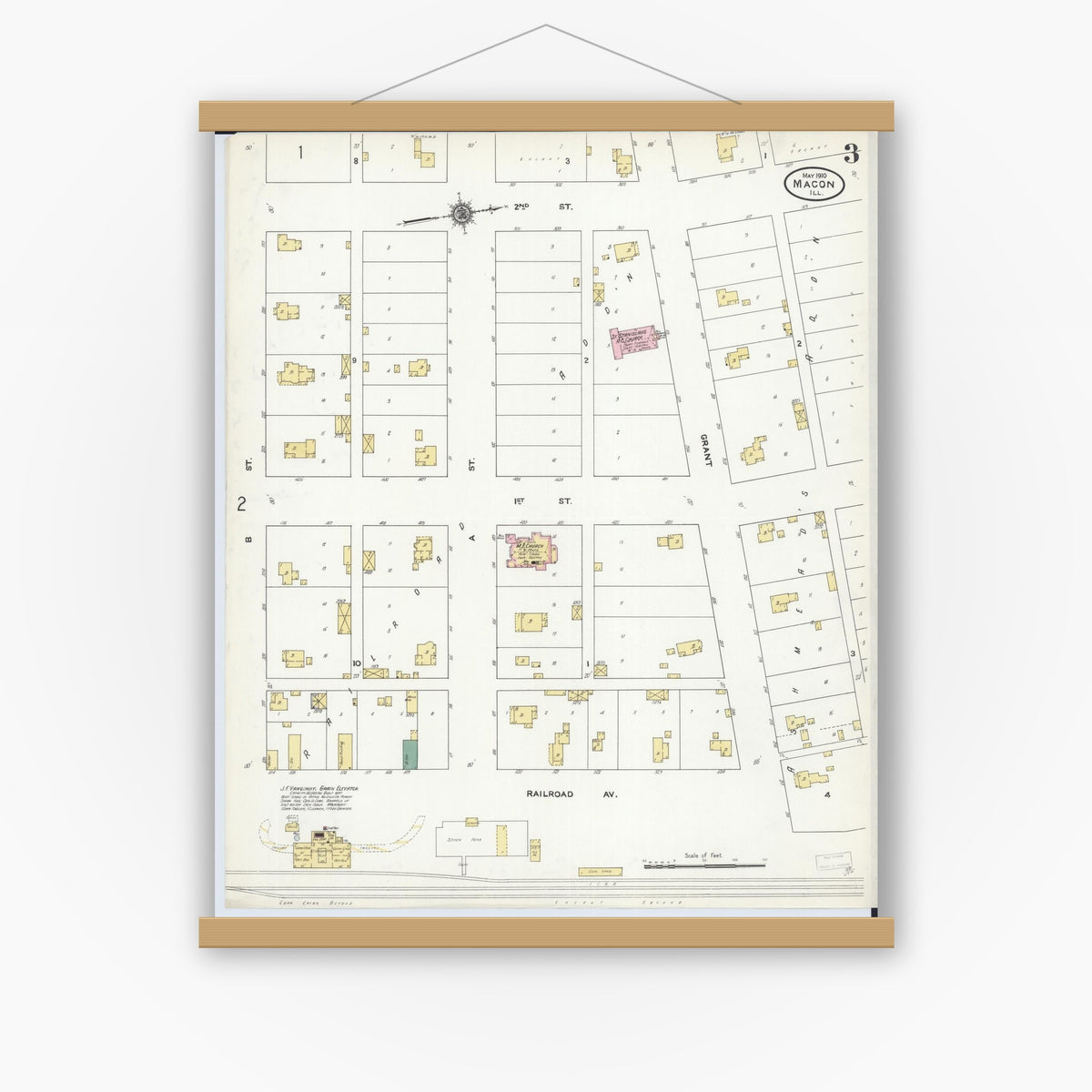 Old map wall art mockup — magnetic wood frame on white wall — Sanborn Fire Insurance Map from Macon, Macon County, Illinois (1910), Sheet #0003