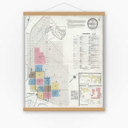Old map wall art mockup — magnetic wood frame on white wall — Sanborn Fire Insurance Map from Brownsville, Cameron County, Texas (1926) - Complete Map Set