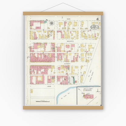 Old map wall art mockup — magnetic wood frame on white wall — Sanborn Fire Insurance Map from Brownsville, Cameron County, Texas (1906), Sheet #0004