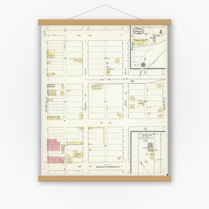 Old map wall art mockup — magnetic wood frame on white wall — Sanborn Fire Insurance Map from Hamlin, Jones County, Texas (1913), Sheet #0004