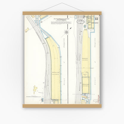 Old map wall art mockup — magnetic wood frame on white wall — Sanborn Fire Insurance Map from Crockett, Contra Costa County, California (1899), Sheet #0012