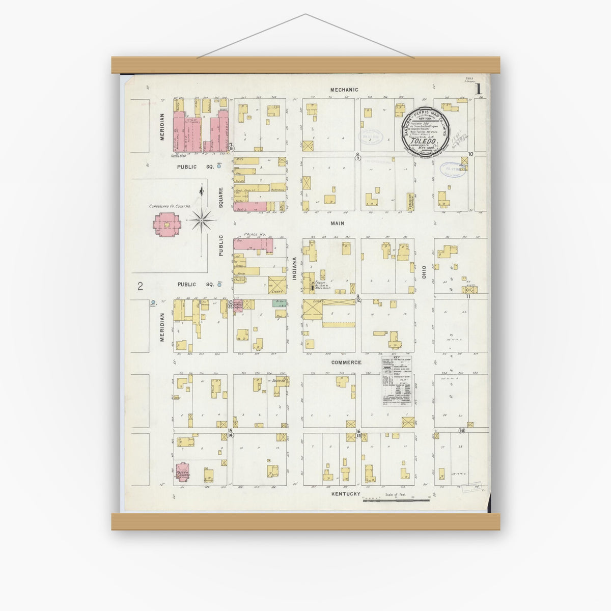 Old map wall art mockup — magnetic wood frame on white wall — Sanborn Fire Insurance Map from Toledo, Cumberland County, Illinois (1898), Sheet #0001