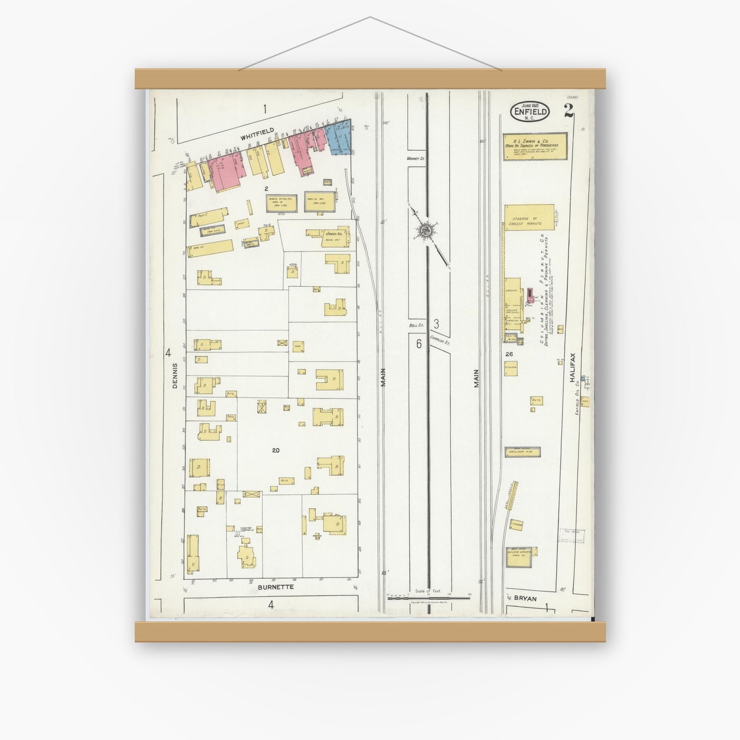 Old map wall art mockup — magnetic wood frame on white wall — Sanborn Fire Insurance Map from Enfield, Halifax County, North Carolina (1921), Sheet #0002