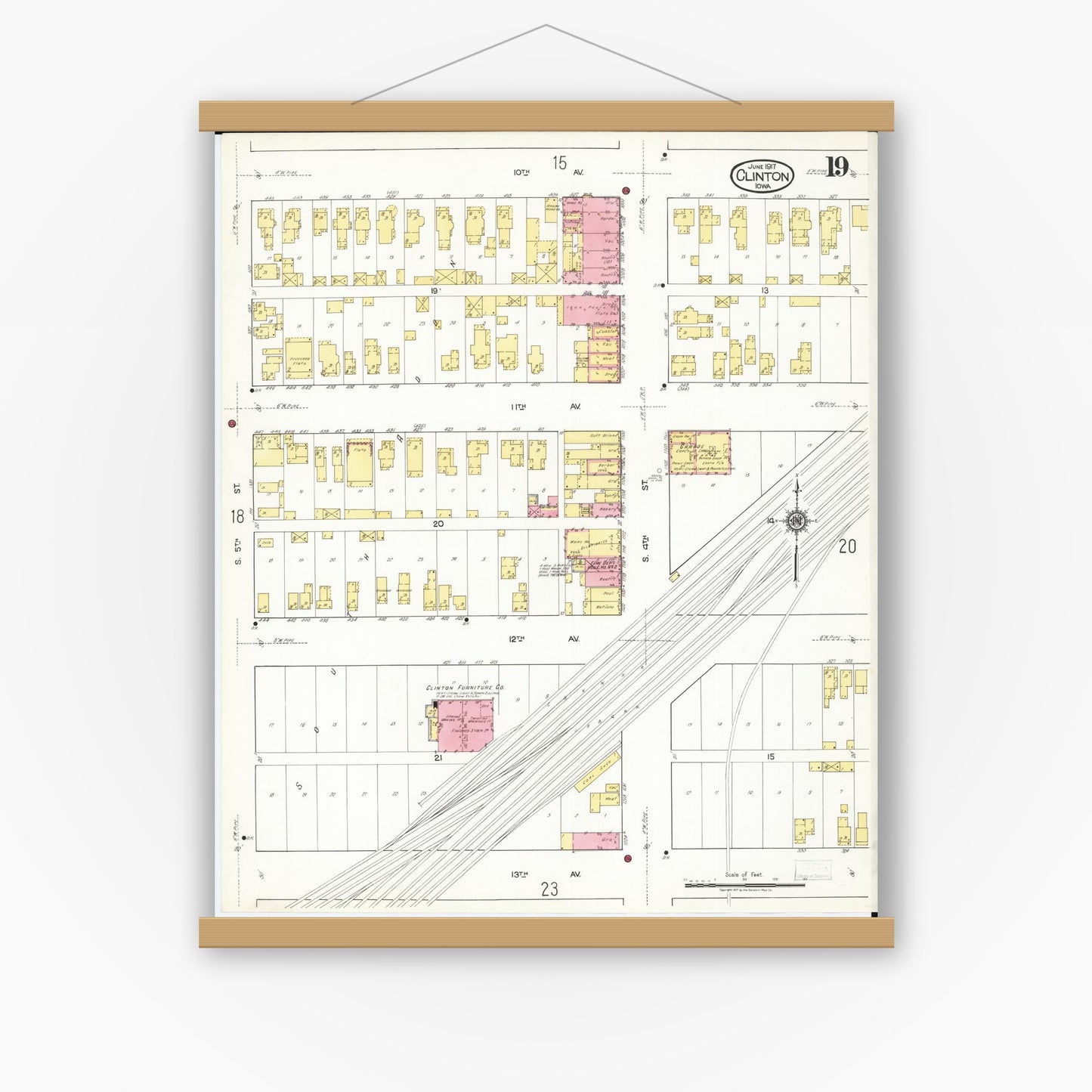 Old map wall art mockup — magnetic wood frame on white wall — Sanborn Fire Insurance Map from Clinton, Clinton County, Iowa (1917), Sheet #0019