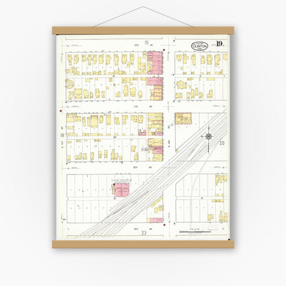 Old map wall art mockup — magnetic wood frame on white wall — Sanborn Fire Insurance Map from Clinton, Clinton County, Iowa (1917), Sheet #0019