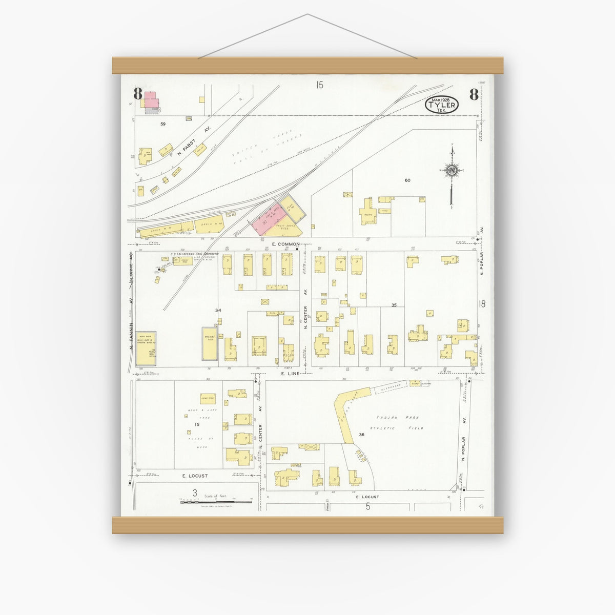 Old map wall art mockup — magnetic wood frame on white wall — Sanborn Fire Insurance Map from Tyler, Smith County, Texas (1928), Sheet #0008