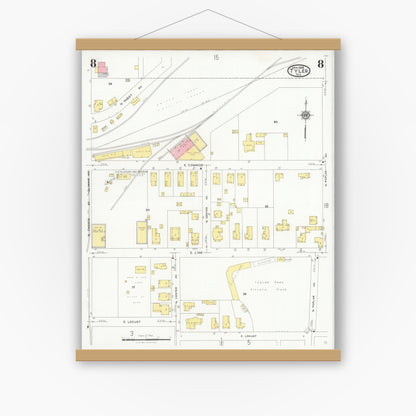 Old map wall art mockup — magnetic wood frame on white wall — Sanborn Fire Insurance Map from Tyler, Smith County, Texas (1928), Sheet #0008