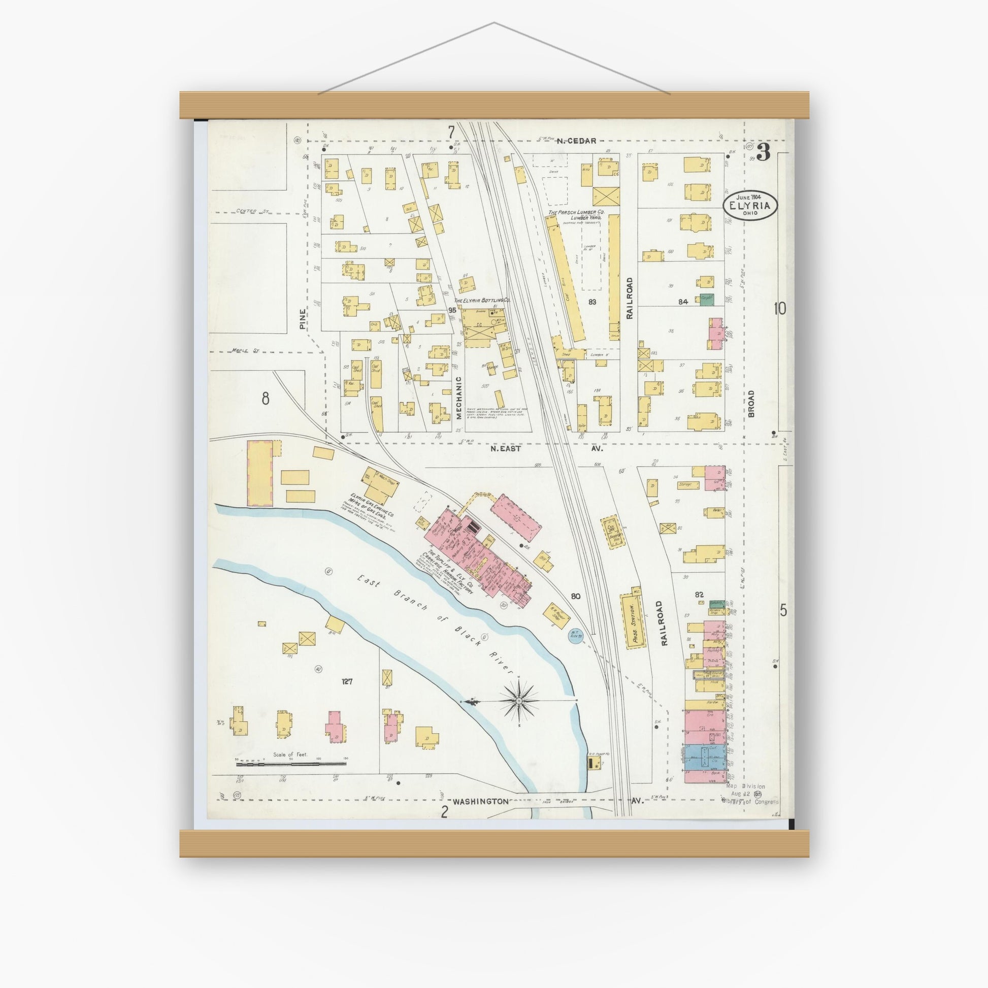 Old map wall art mockup — magnetic wood frame on white wall — Sanborn Fire Insurance Map from Elyria, Lorain County, Ohio (1904), Sheet #0003