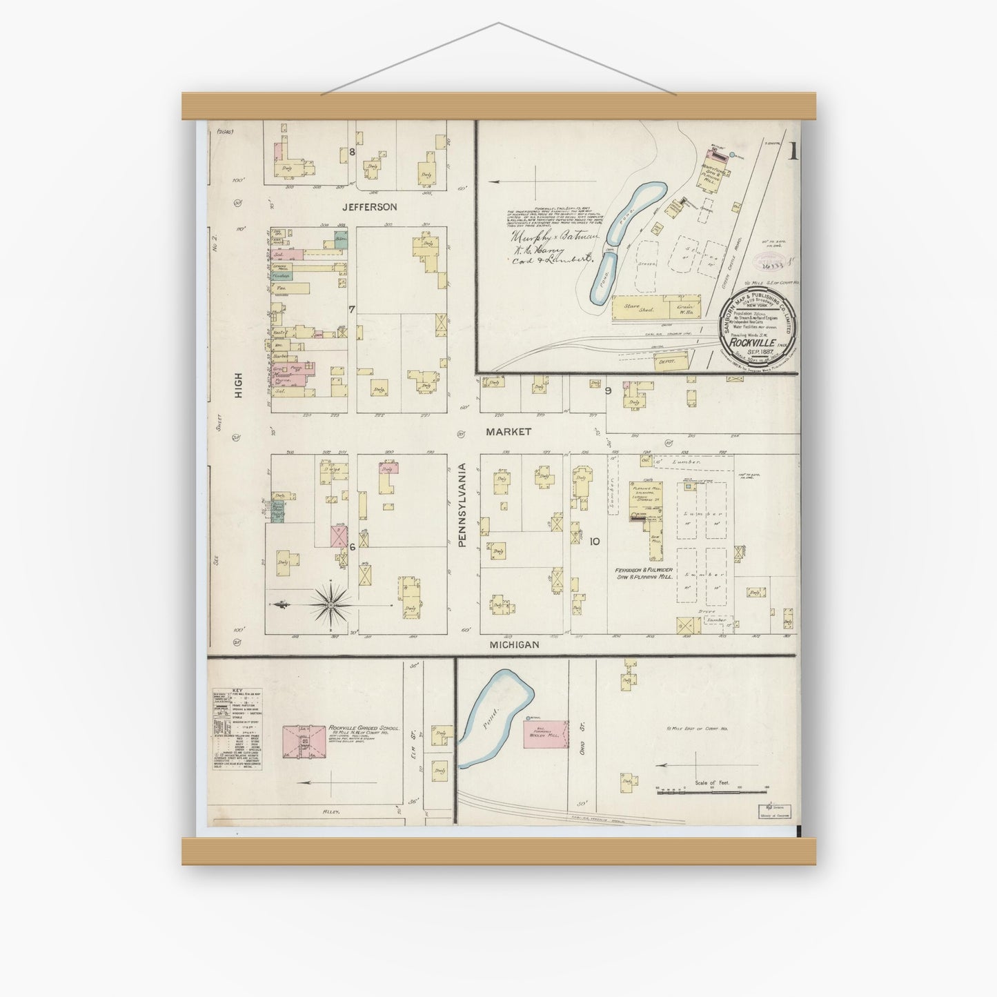 Old map wall art mockup — magnetic wood frame on white wall — Sanborn Fire Insurance Map from Rockville, Parke County, Indiana (1887) - Complete Map Set
