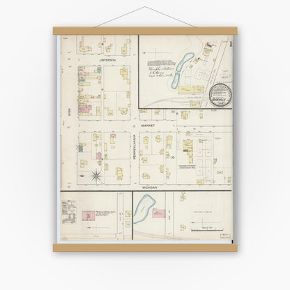 Old map wall art mockup — magnetic wood frame on white wall — Sanborn Fire Insurance Map from Rockville, Parke County, Indiana (1887) - Complete Map Set
