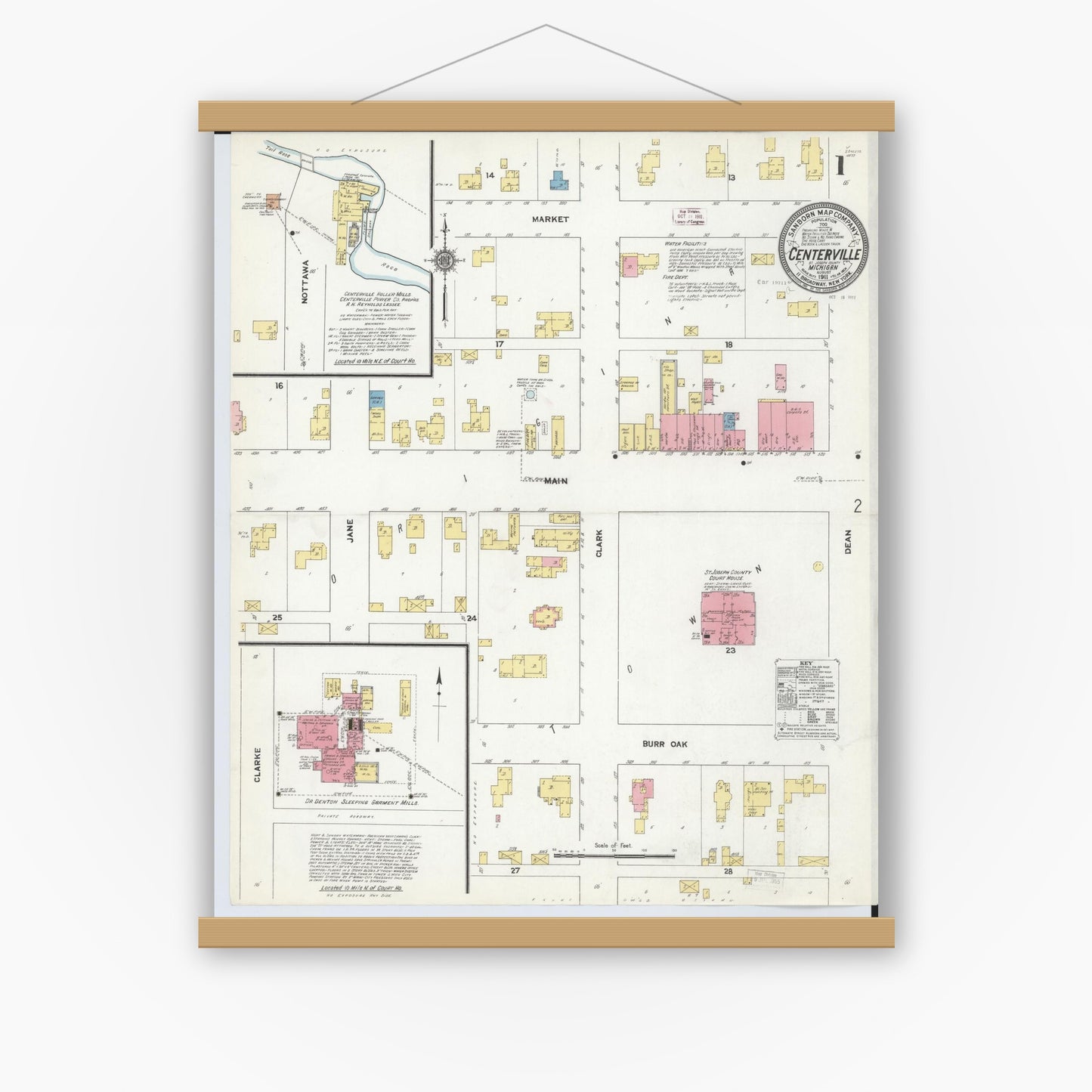 Old map wall art mockup — magnetic wood frame on white wall — Sanborn Fire Insurance Map from Centreville, Saint Joseph County, Michigan (1911), Sheet #0001