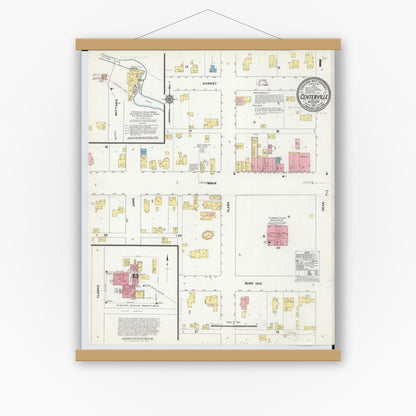 Old map wall art mockup — magnetic wood frame on white wall — Sanborn Fire Insurance Map from Centreville, Saint Joseph County, Michigan (1911), Sheet #0001