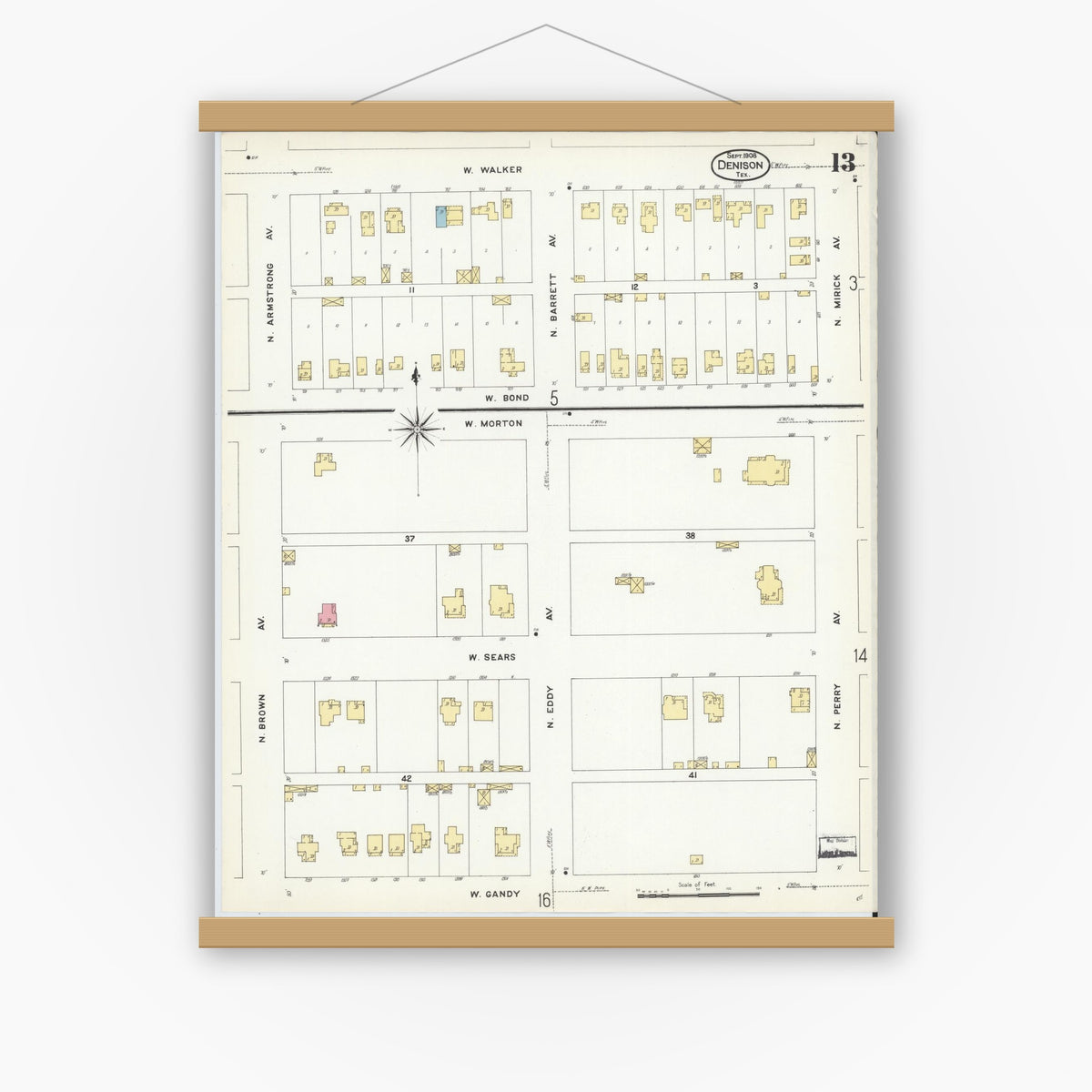 Old map wall art mockup — magnetic wood frame on white wall — Sanborn Fire Insurance Map from Denison, Grayson County, Texas (1908), Sheet #0013