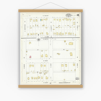 Old map wall art mockup — magnetic wood frame on white wall — Sanborn Fire Insurance Map from Denison, Grayson County, Texas (1908), Sheet #0013