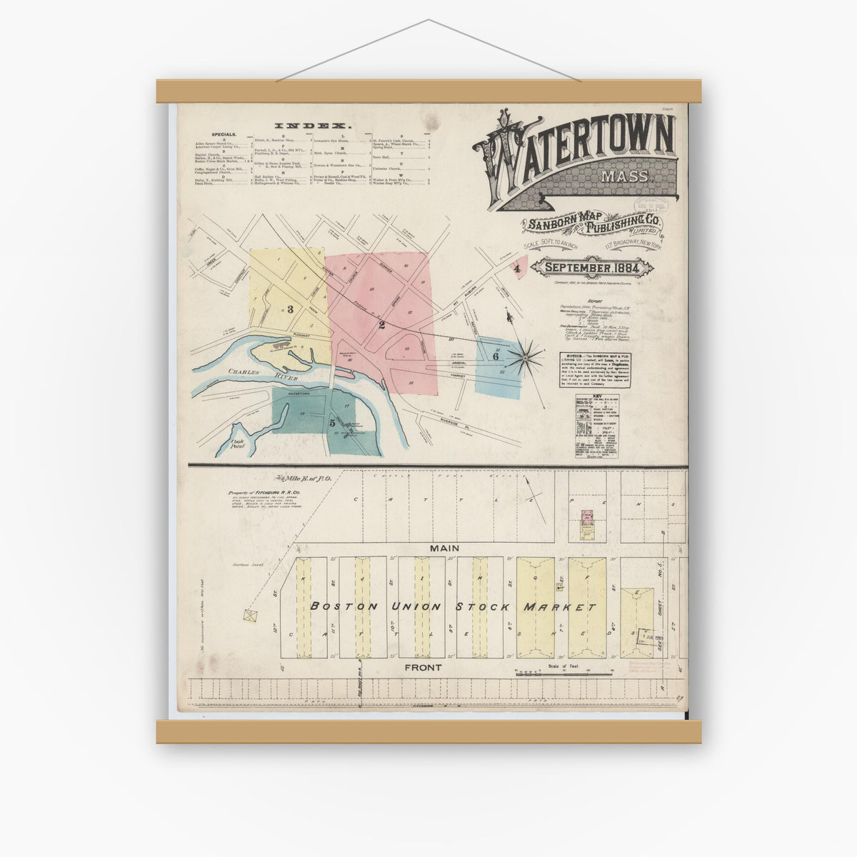 Old map wall art mockup — magnetic wood frame on white wall — Sanborn Fire Insurance Map from Watertown, Middlesex County, Massachusetts (1884) - Complete Map Set
