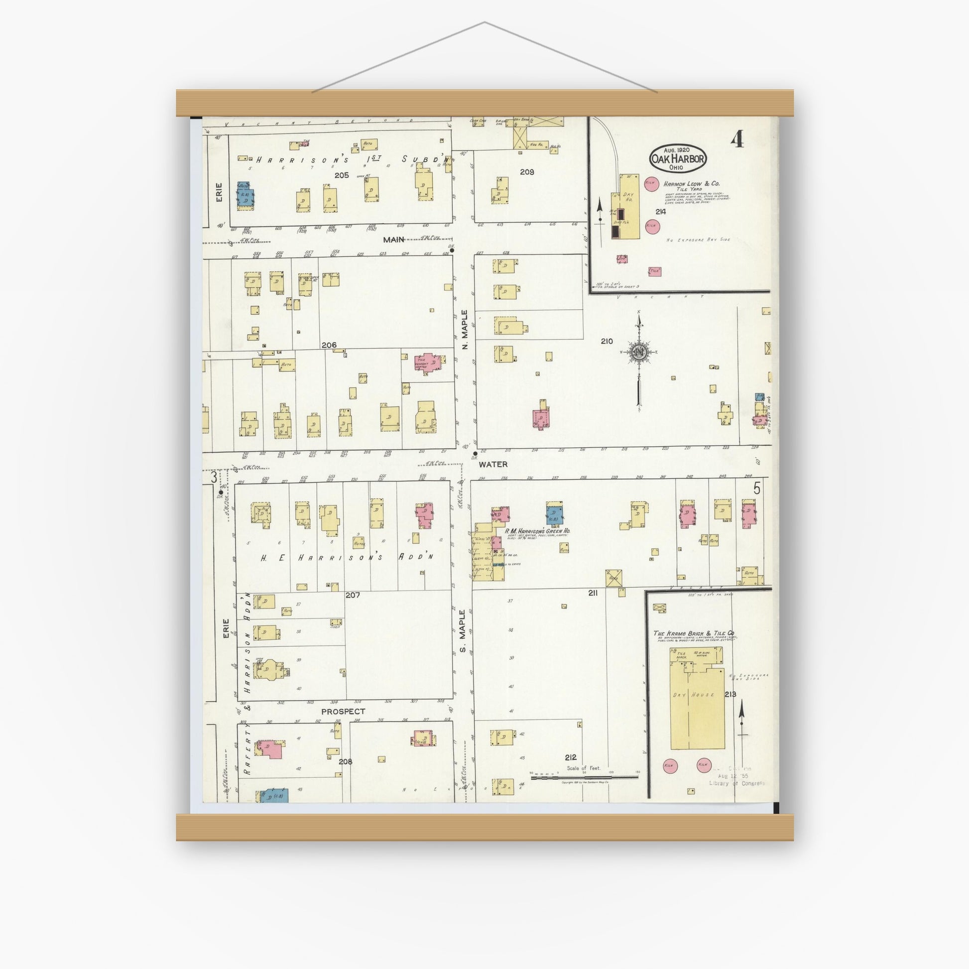 Old map wall art mockup — magnetic wood frame on white wall — Sanborn Fire Insurance Map from Oak Harbor, Ottawa County, Ohio (1920), Sheet #0004