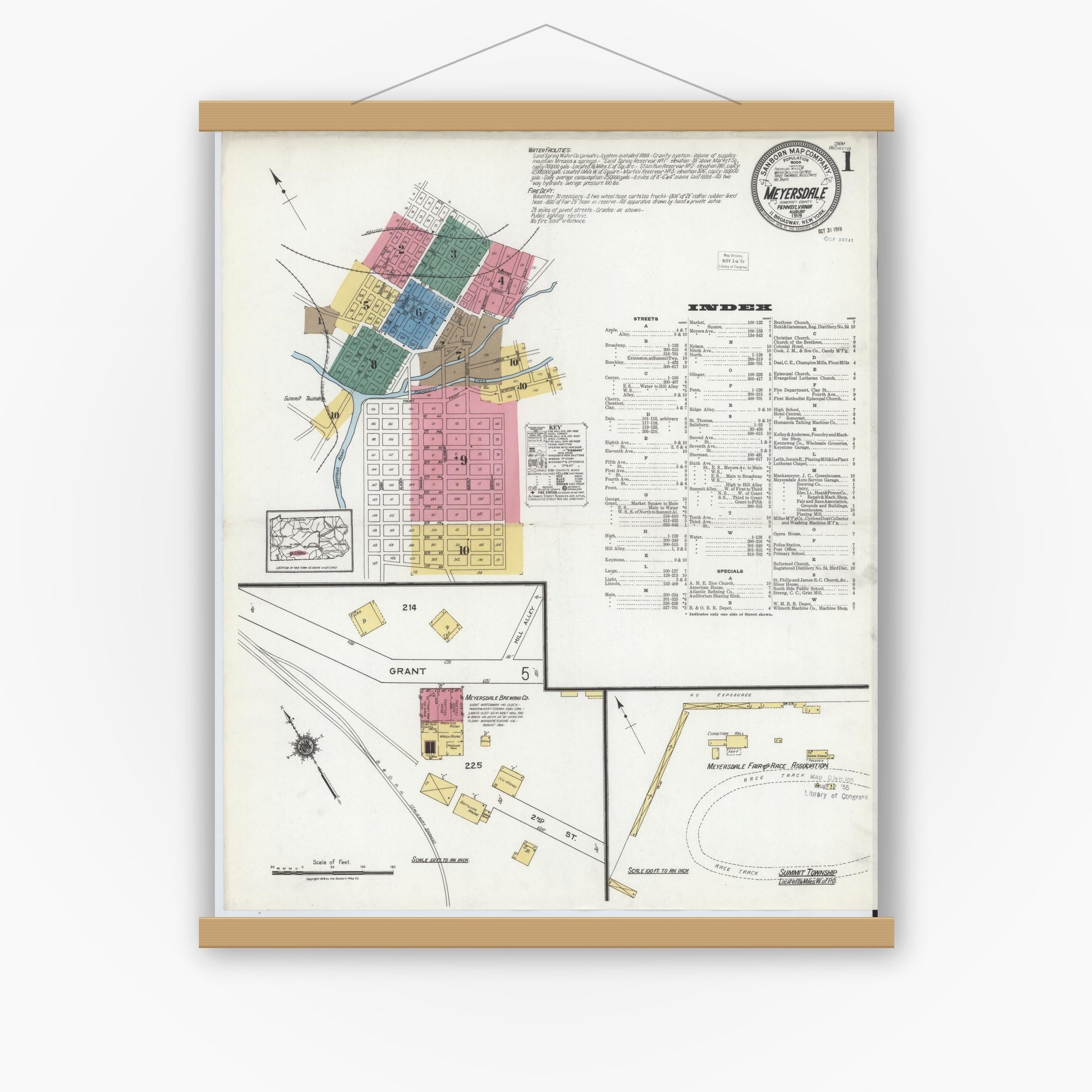 Old map wall art mockup — magnetic wood frame on white wall — Sanborn Fire Insurance Map from Meyersdale, Somerset County, Pennsylvania (1919) - Complete Map Set
