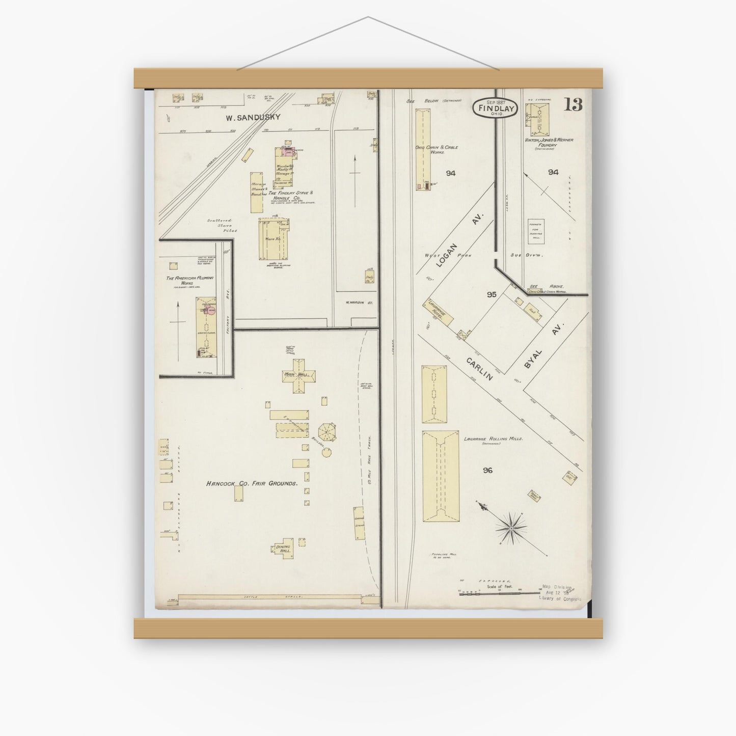 Old map wall art mockup — magnetic wood frame on white wall — Sanborn Fire Insurance Map from Findlay, Hancock County, Ohio (1887), Sheet #0013