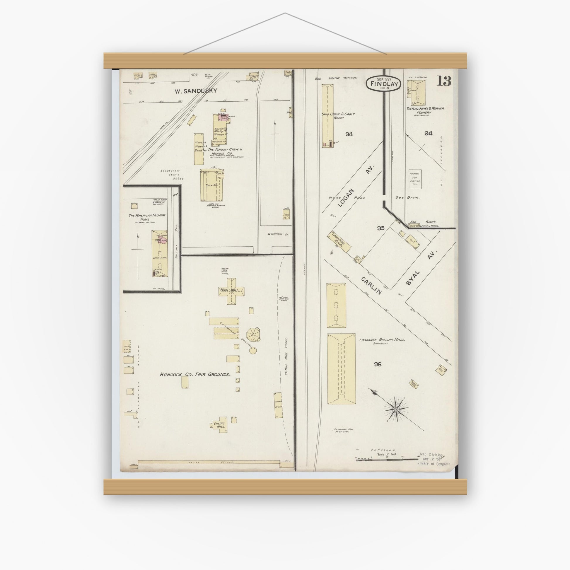 Old map wall art mockup — magnetic wood frame on white wall — Sanborn Fire Insurance Map from Findlay, Hancock County, Ohio (1887), Sheet #0013