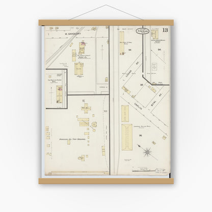 Old map wall art mockup — magnetic wood frame on white wall — Sanborn Fire Insurance Map from Findlay, Hancock County, Ohio (1887), Sheet #0013