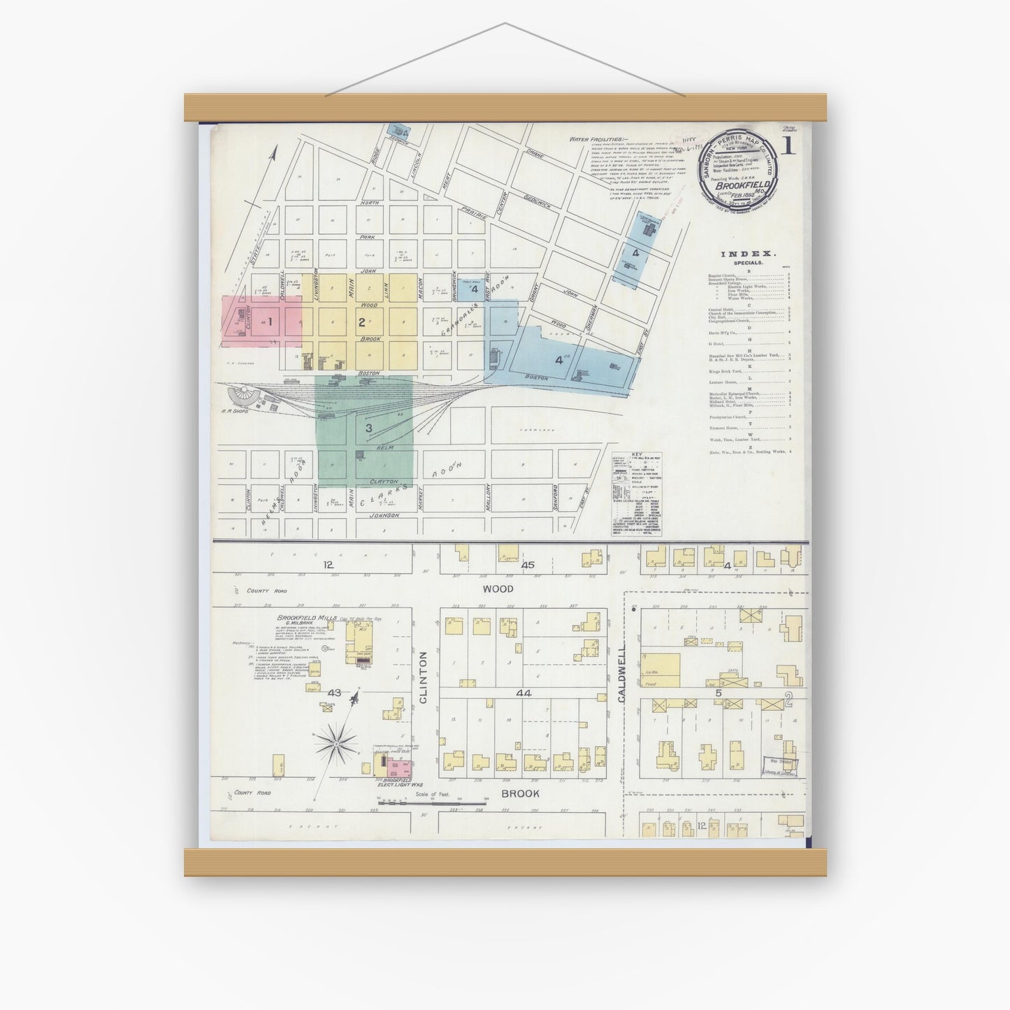Old map wall art mockup — magnetic wood frame on white wall — Sanborn Fire Insurance Map from Brookfield, Linn County, Missouri (1893) - Complete Map Set