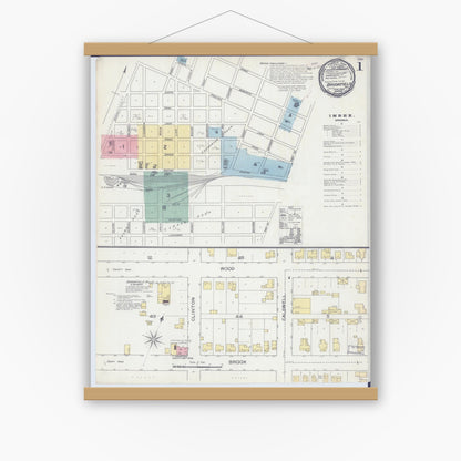 Old map wall art mockup — magnetic wood frame on white wall — Sanborn Fire Insurance Map from Brookfield, Linn County, Missouri (1893) - Complete Map Set
