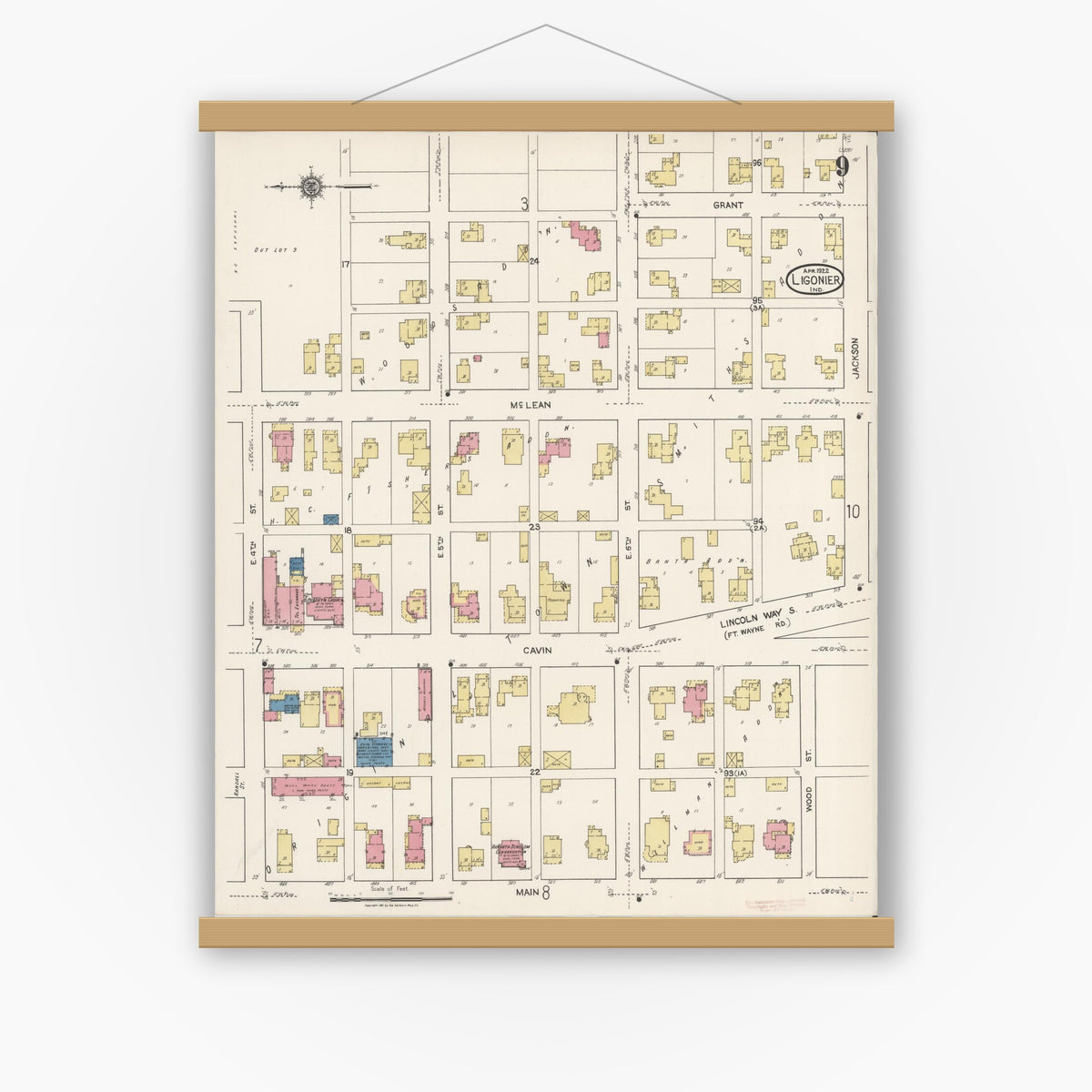 Old map wall art mockup — magnetic wood frame on white wall — Sanborn Fire Insurance Map from Ligonier, Noble County, Indiana (1922), Sheet #0009