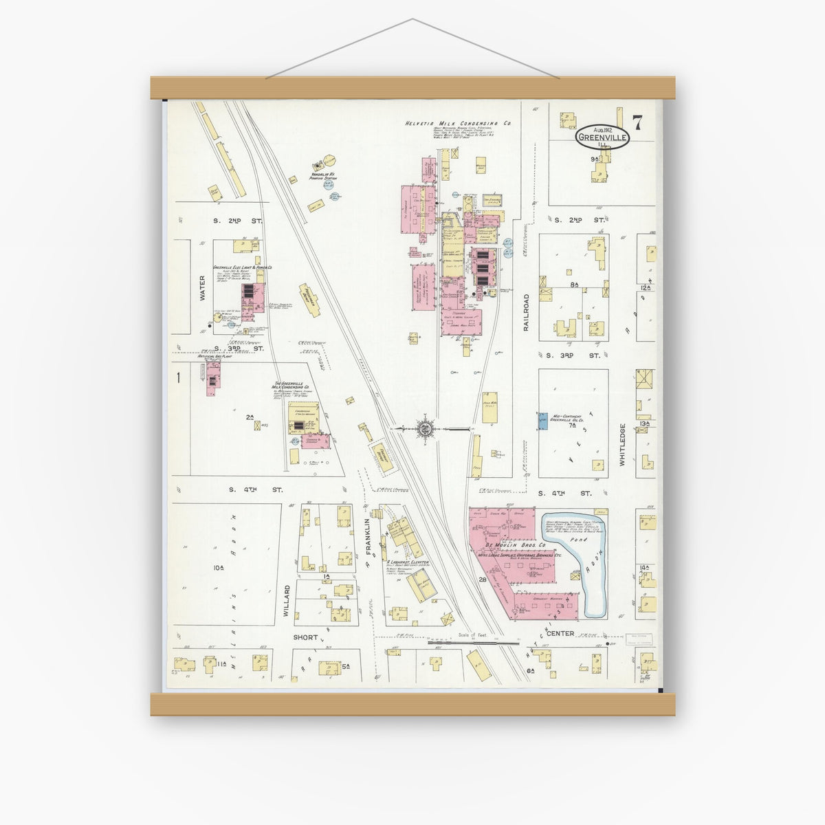 Old map wall art mockup — magnetic wood frame on white wall — Sanborn Fire Insurance Map from Greenville, Bond County, Illinois (1912), Sheet #0007