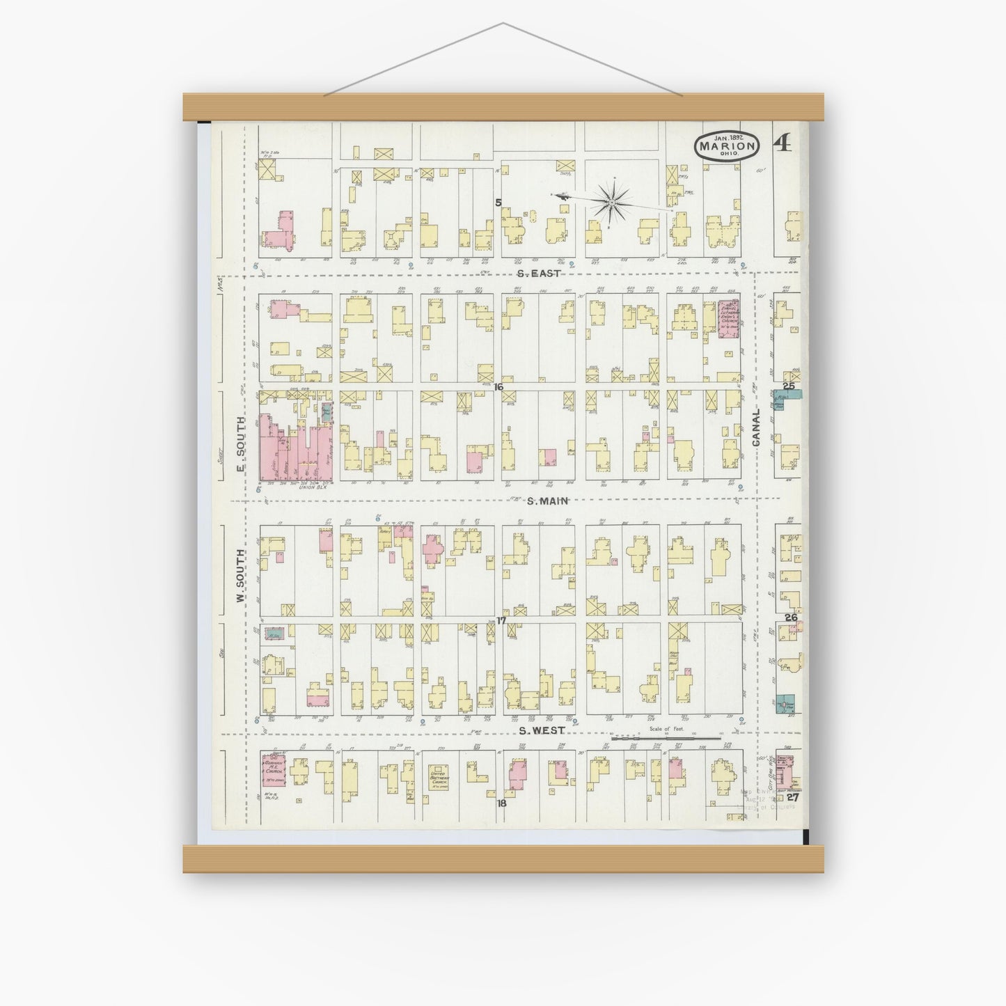 Old map wall art mockup — magnetic wood frame on white wall — Sanborn Fire Insurance Map from Marion, Marion County, Ohio (1892), Sheet #0004