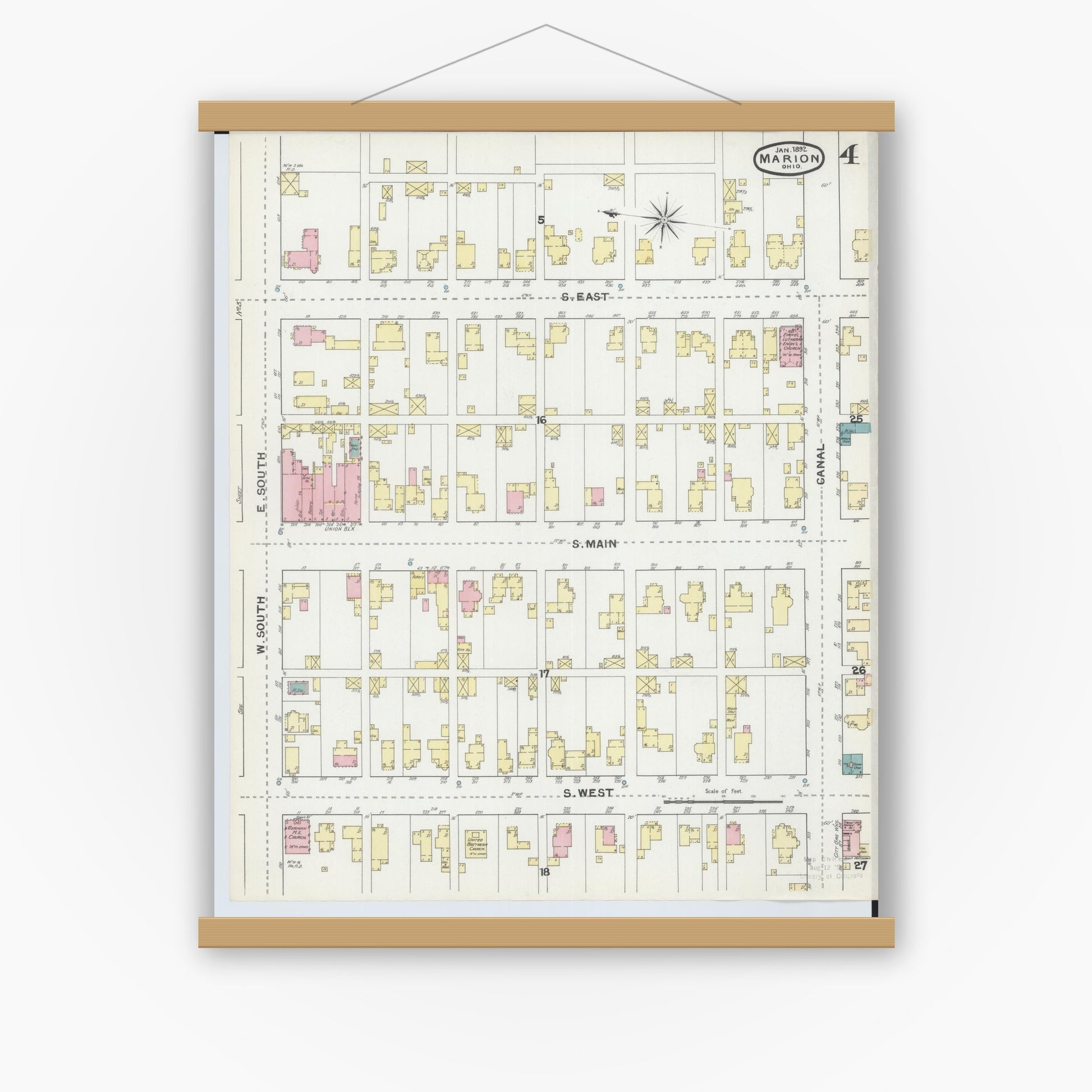 Old map wall art mockup — magnetic wood frame on white wall — Sanborn Fire Insurance Map from Marion, Marion County, Ohio (1892), Sheet #0004