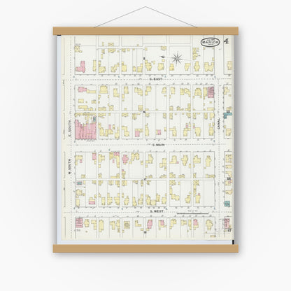 Old map wall art mockup — magnetic wood frame on white wall — Sanborn Fire Insurance Map from Marion, Marion County, Ohio (1892), Sheet #0004