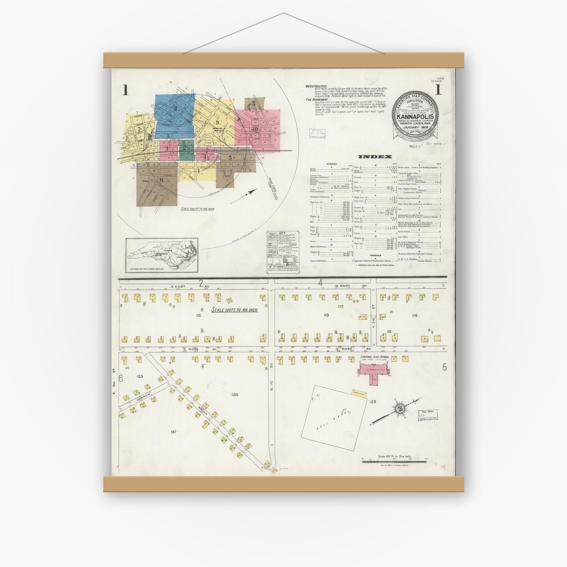 Old map wall art mockup — magnetic wood frame on white wall — Sanborn Fire Insurance Map from Kannapolis, Rowan And Cabarrus Counties, North Carolina (1926) - Complete Map Set