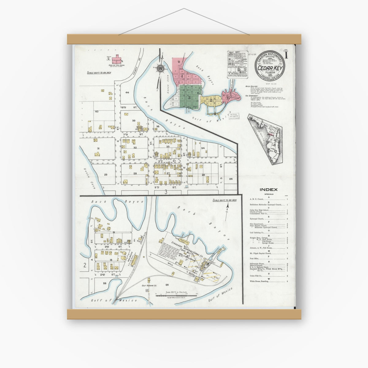 Old map wall art mockup — magnetic wood frame on white wall — Sanborn Fire Insurance Map from Cedar Key, Levy County, Florida (1920), Sheet #0001