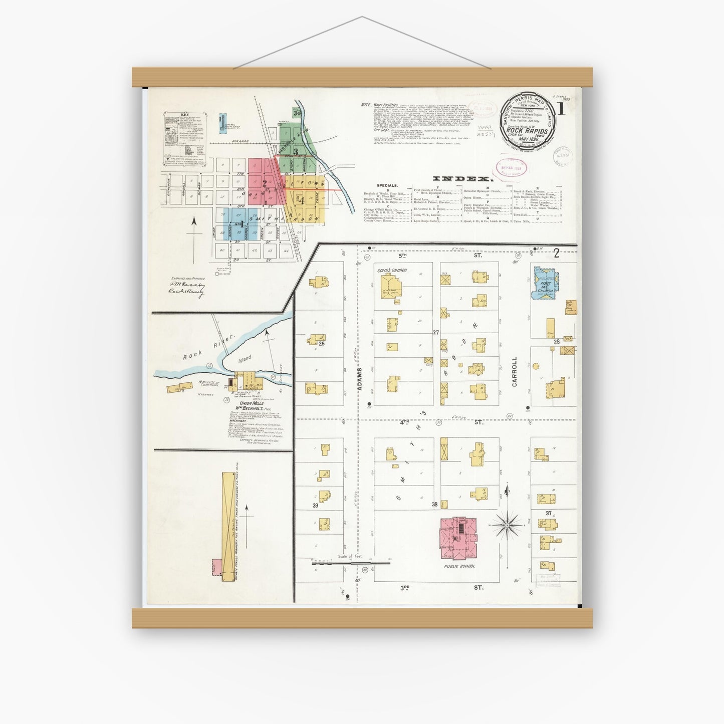 Old map wall art mockup — magnetic wood frame on white wall — Sanborn Fire Insurance Map from Rock Rapids, Lyon County, Iowa (1899) â€” Complete Set