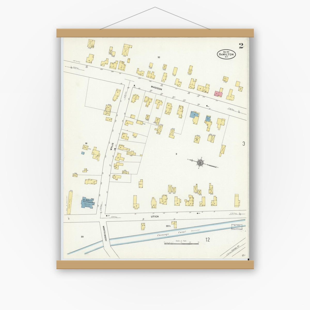Old map wall art mockup — magnetic wood frame on white wall — Sanborn Fire Insurance Map from Hamilton, Madison County, New York (1911), Sheet #0002