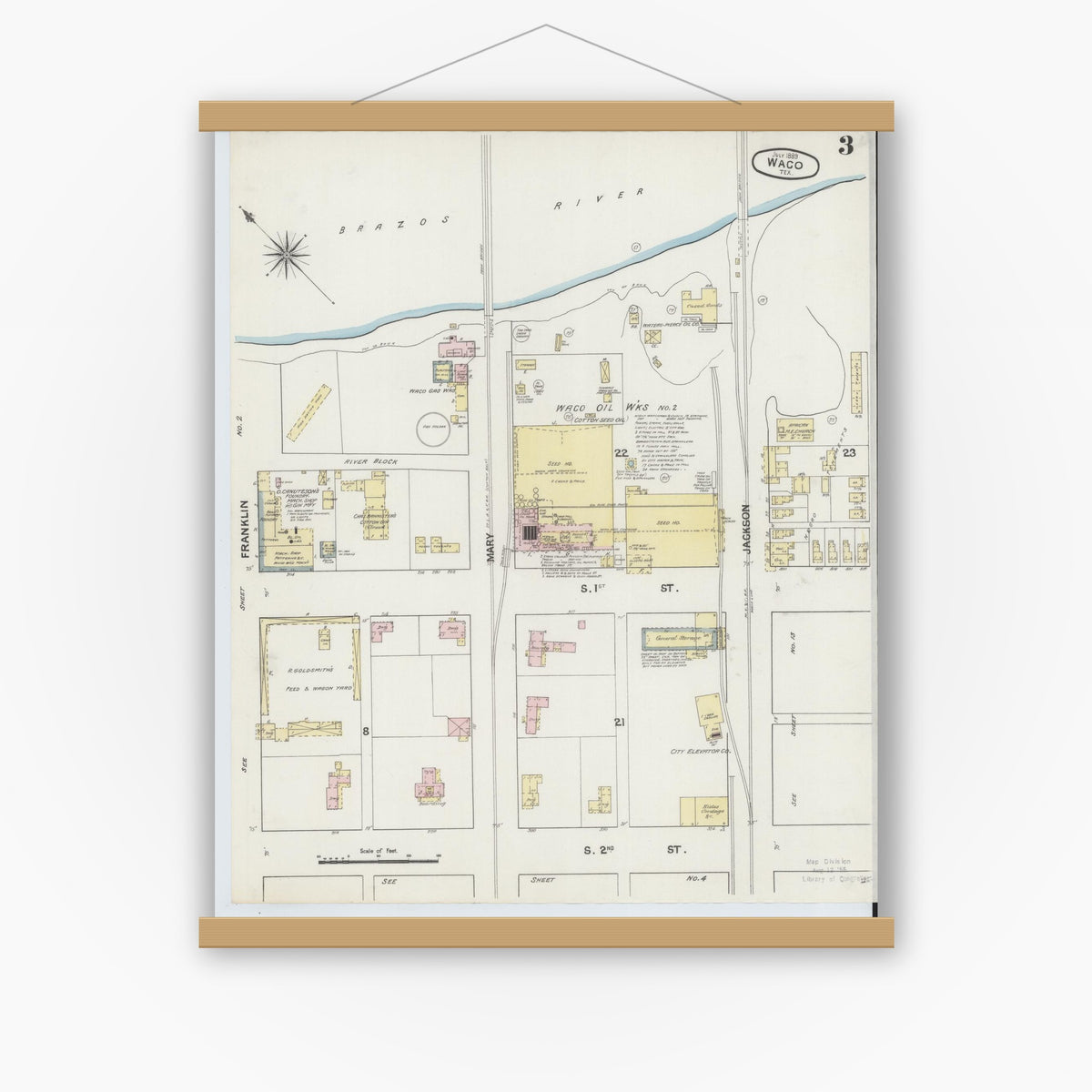 Old map wall art mockup — magnetic wood frame on white wall — Sanborn Fire Insurance Map from Waco, McLennan County, Texas (1889), Sheet #0003