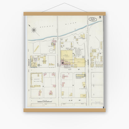 Old map wall art mockup — magnetic wood frame on white wall — Sanborn Fire Insurance Map from Waco, McLennan County, Texas (1889), Sheet #0003