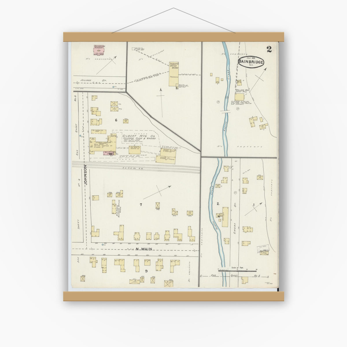 Old map wall art mockup — magnetic wood frame on white wall — Sanborn Fire Insurance Map from Bainbridge, Chenango County, New York (1891), Sheet #0002