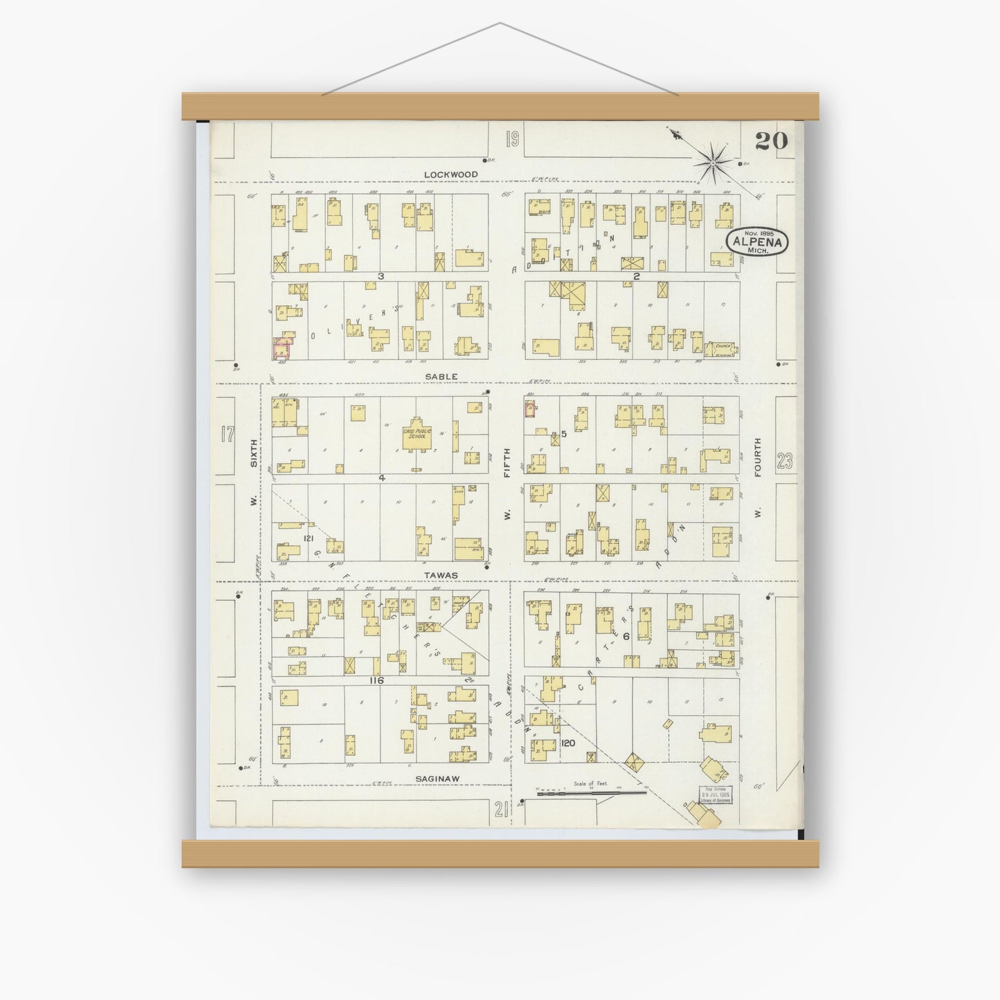 Old map wall art mockup — magnetic wood frame on white wall — Sanborn Fire Insurance Map from Alpena, Alpena County, Michigan (1895), Sheet #0020