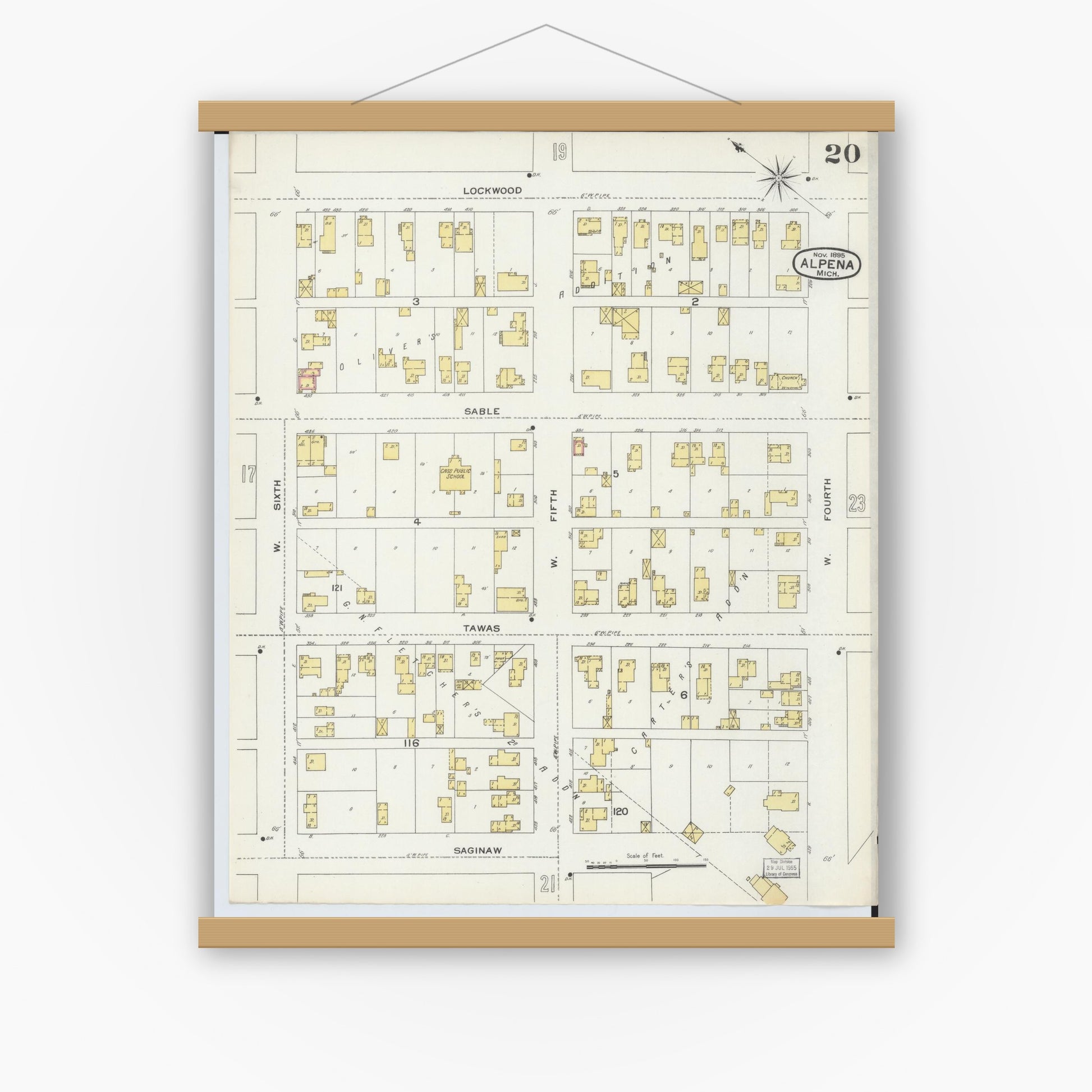 Old map wall art mockup — magnetic wood frame on white wall — Sanborn Fire Insurance Map from Alpena, Alpena County, Michigan (1895), Sheet #0020