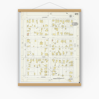 Old map wall art mockup — magnetic wood frame on white wall — Sanborn Fire Insurance Map from Alpena, Alpena County, Michigan (1895), Sheet #0020